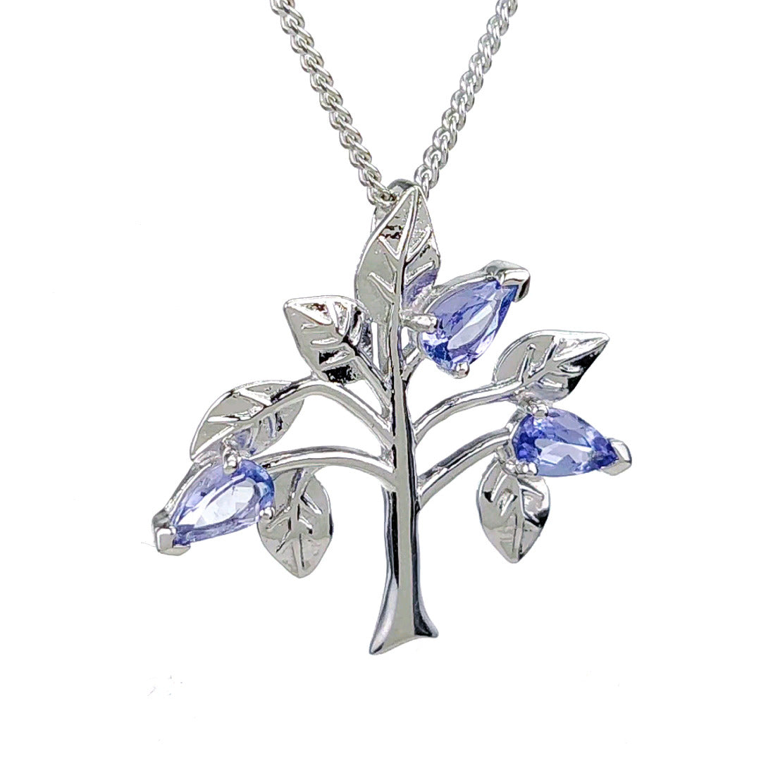 Tanzanite Necklace 0.6ct Pear Blue Tree of Life Pendant Silver December Birthstone