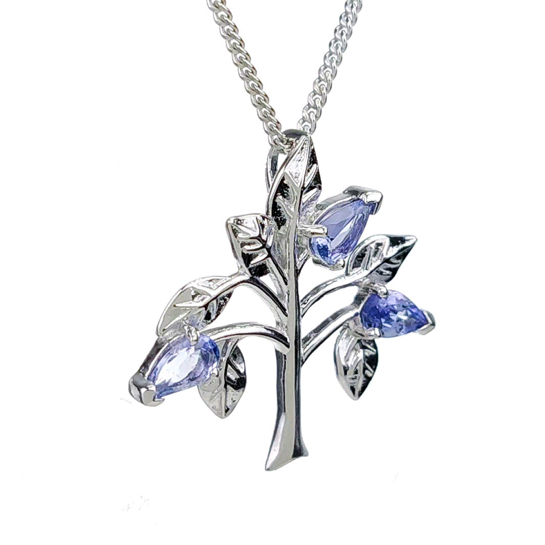 Tanzanite Necklace 0.6ct Pear Blue Tree of Life Pendant Silver December Birthstone