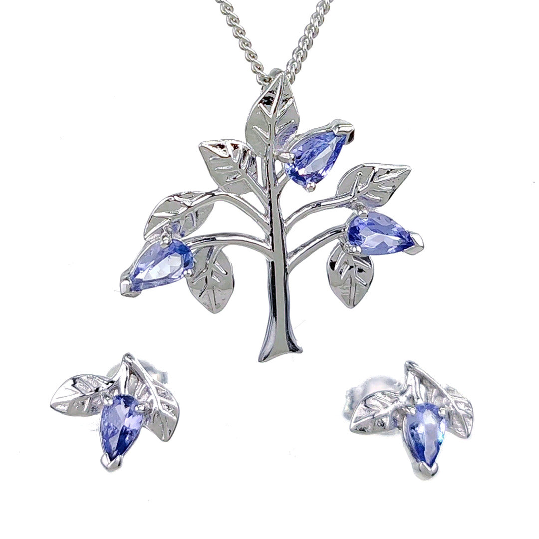 Tanzanite Necklace Earring Set 1ct Pear Blue Tree of Life  Sterling Silver