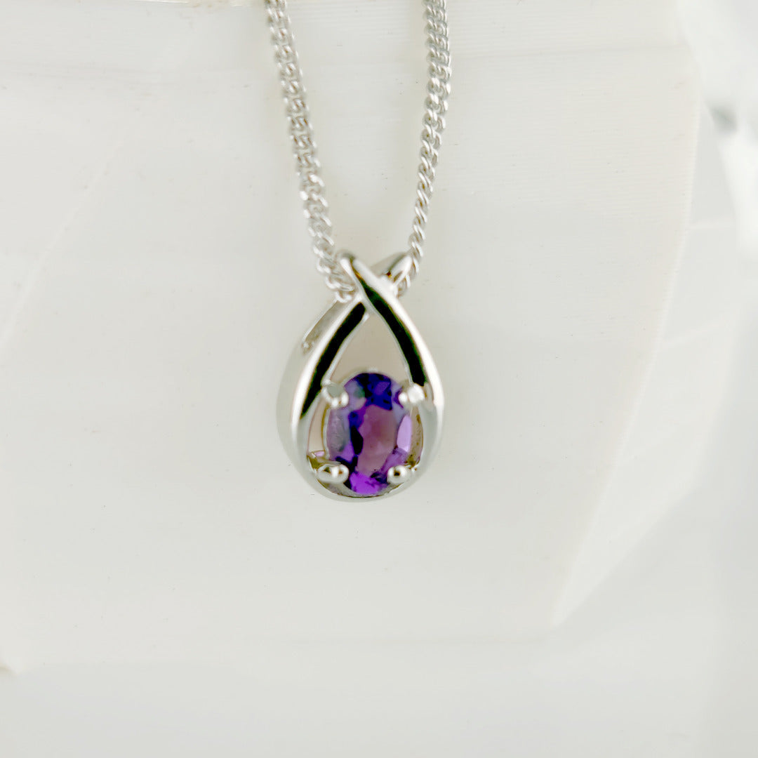 Amethyst Necklace 0.35ct Pear Purple Twist Pendant Silver February Birthstone