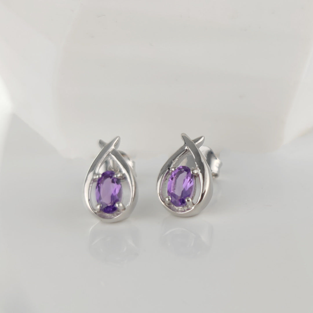 Amethyst Earrings 0.4ct Pear Purple Twist Studs Sterling Silver February Birthstone