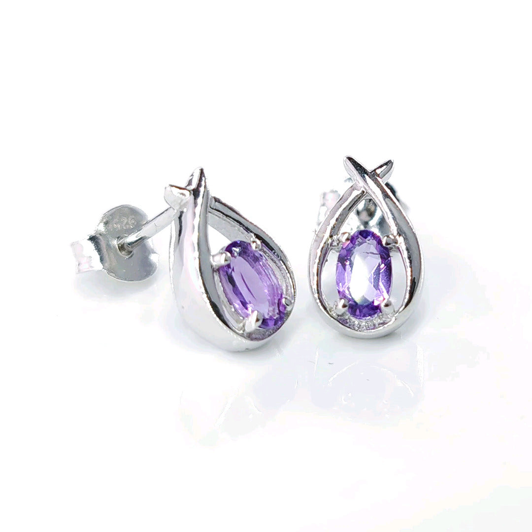 Amethyst Earrings 0.4ct Pear Purple Twist Studs Sterling Silver February Birthstone