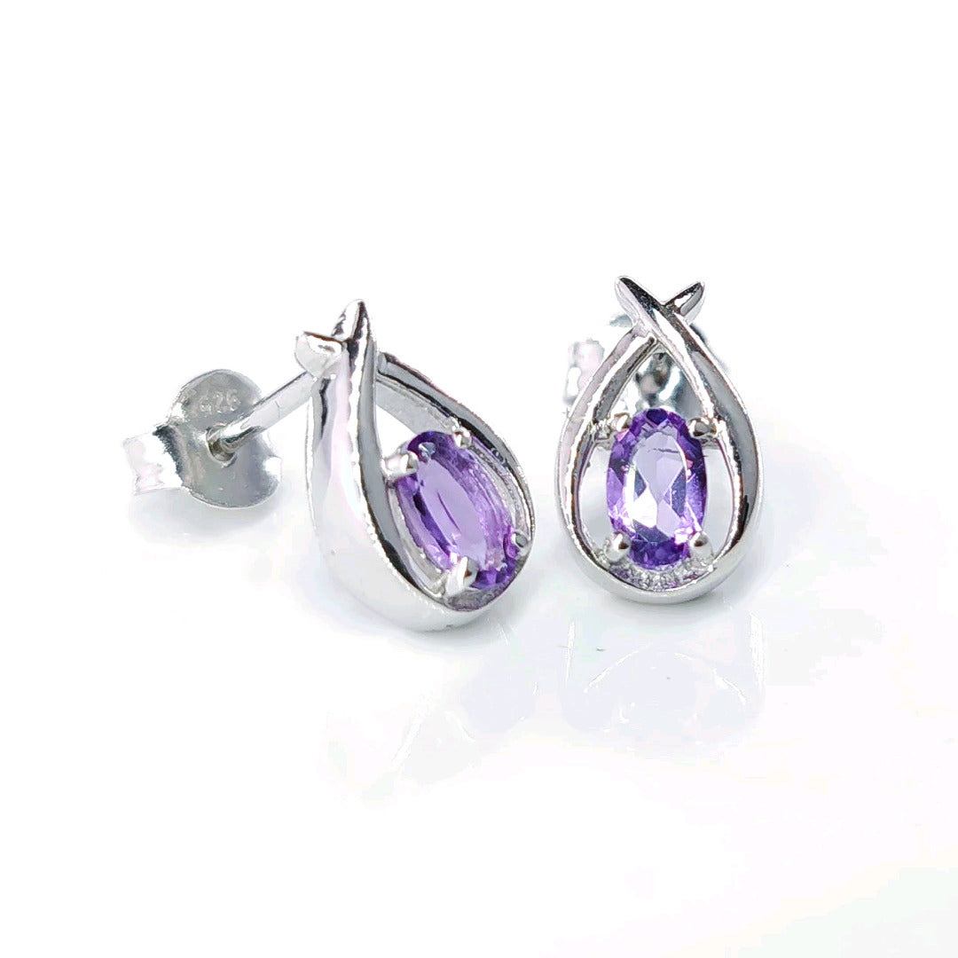 Amethyst Earrings 0.4ct Pear Purple Twist Studs Sterling Silver February Birthstone