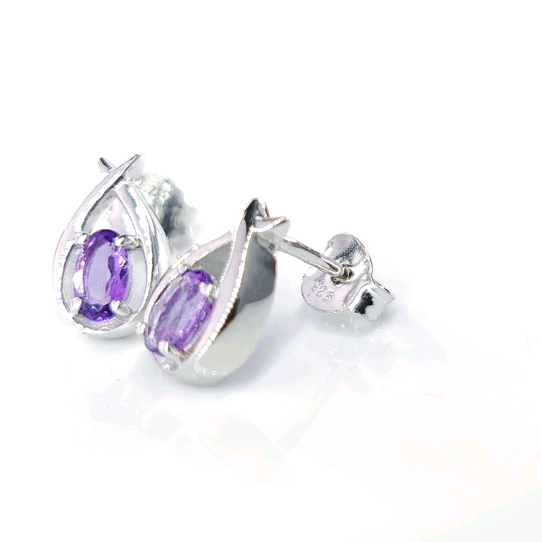 Amethyst Earrings 0.4ct Pear Purple Twist Studs Sterling Silver February Birthstone