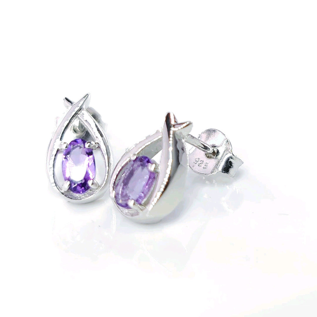 Amethyst Earrings 0.4ct Pear Purple Twist Studs Sterling Silver February Birthstone