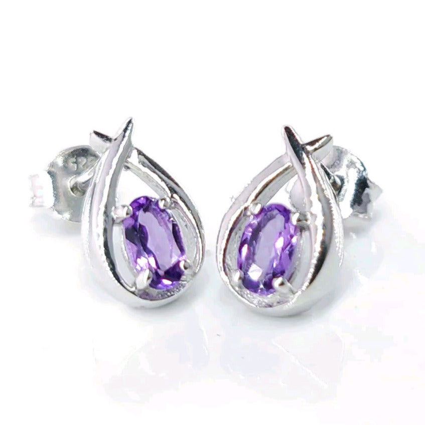 Amethyst Earrings 0.4ct Pear Purple Twist Studs Sterling Silver February Birthstone