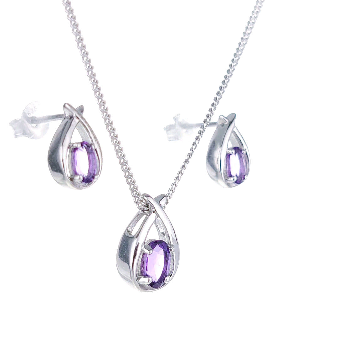 Amethyst Necklace Earring Set 0.75ct Pear Purple Twist Silver February Birthstone