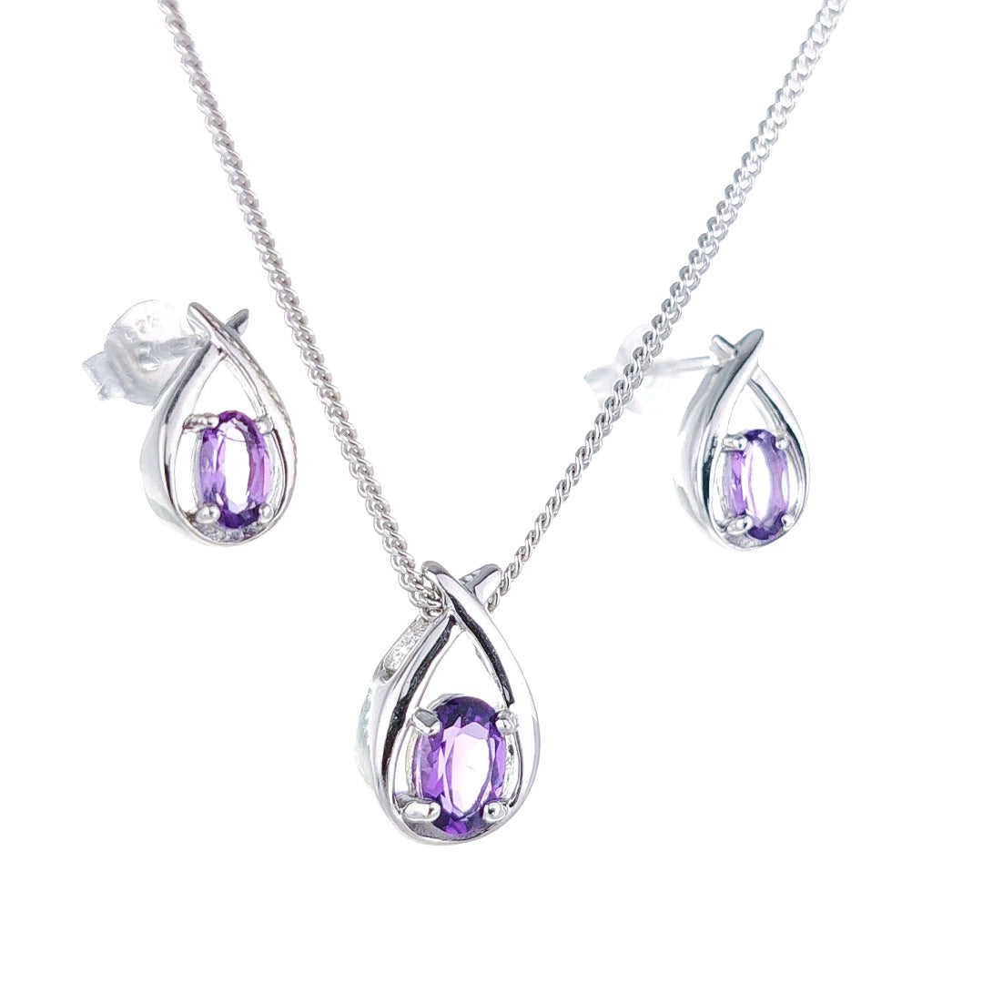 Amethyst Necklace Earring Set 0.75ct Pear Purple Twist Silver February Birthstone