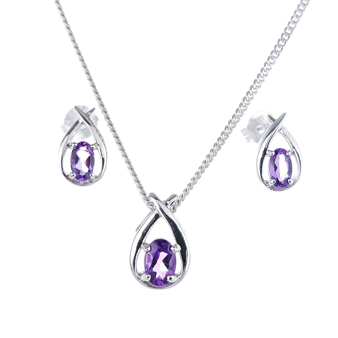 Amethyst Necklace Earring Set 0.75ct Pear Purple Twist Silver February Birthstone