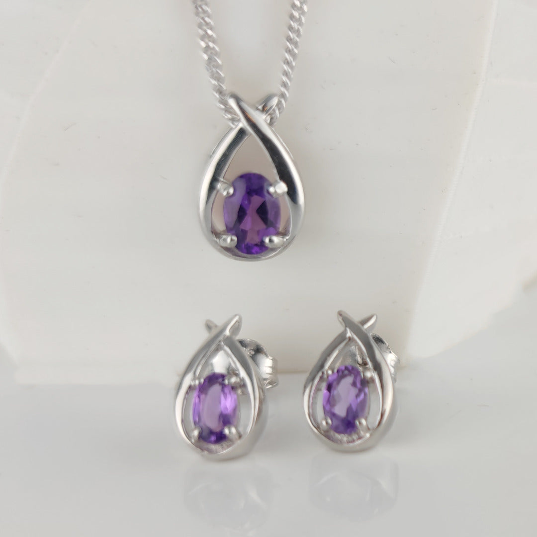 Amethyst Necklace Earring Set 0.75ct Pear Purple Twist Silver February Birthstone