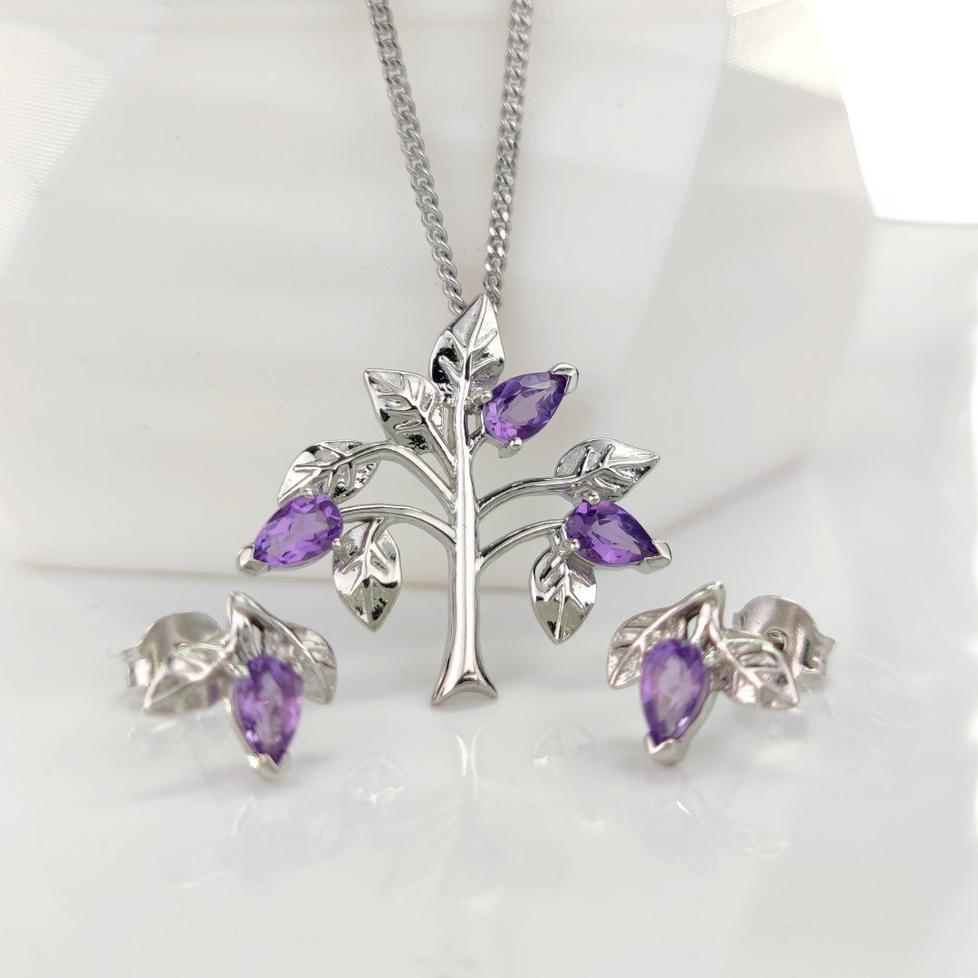 Amethyst Purple Tree of Life Necklace Earring Set