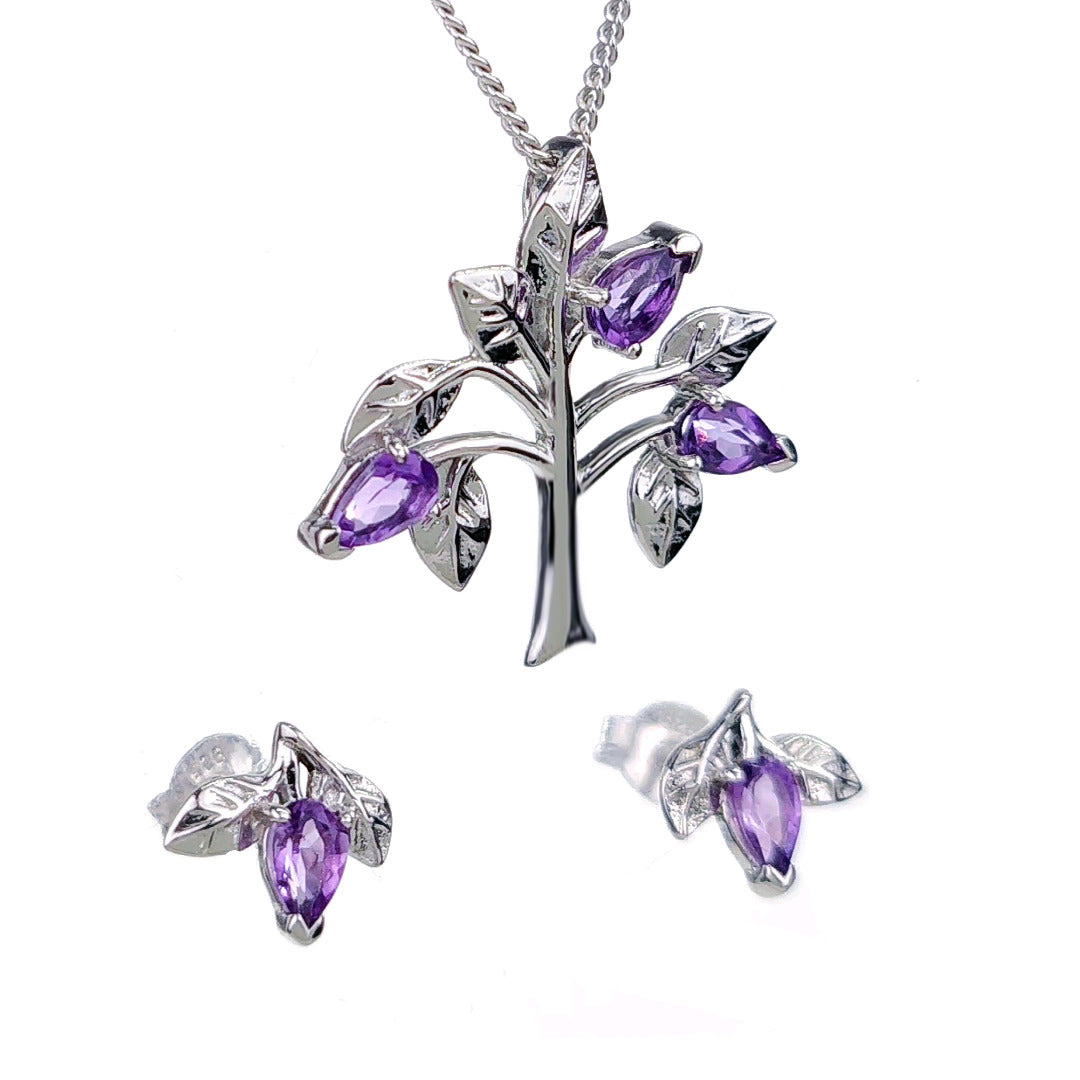 Amethyst Purple Tree of Life Necklace Earring Set