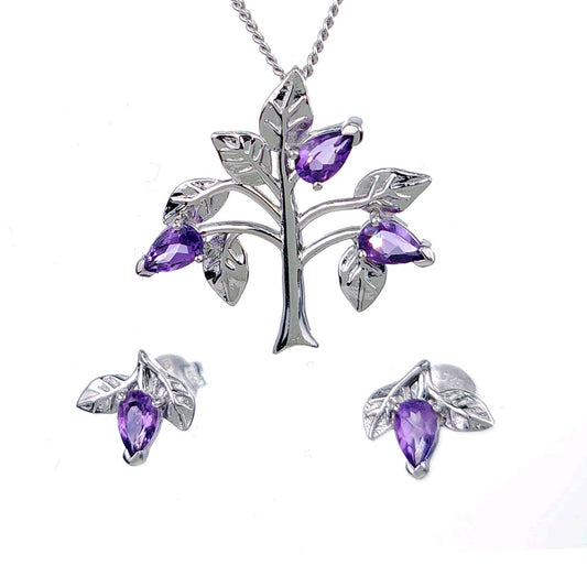 Amethyst Purple Tree of Life Necklace Earring Set