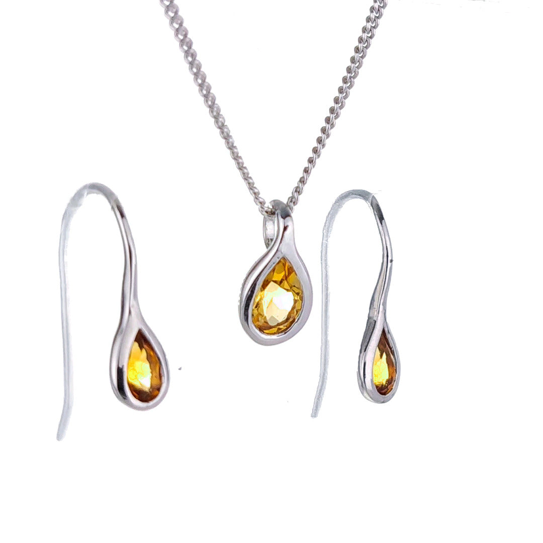 Citrine Necklace Earring Set 0.75ct Pear Yellow Pendant Sterling Silver