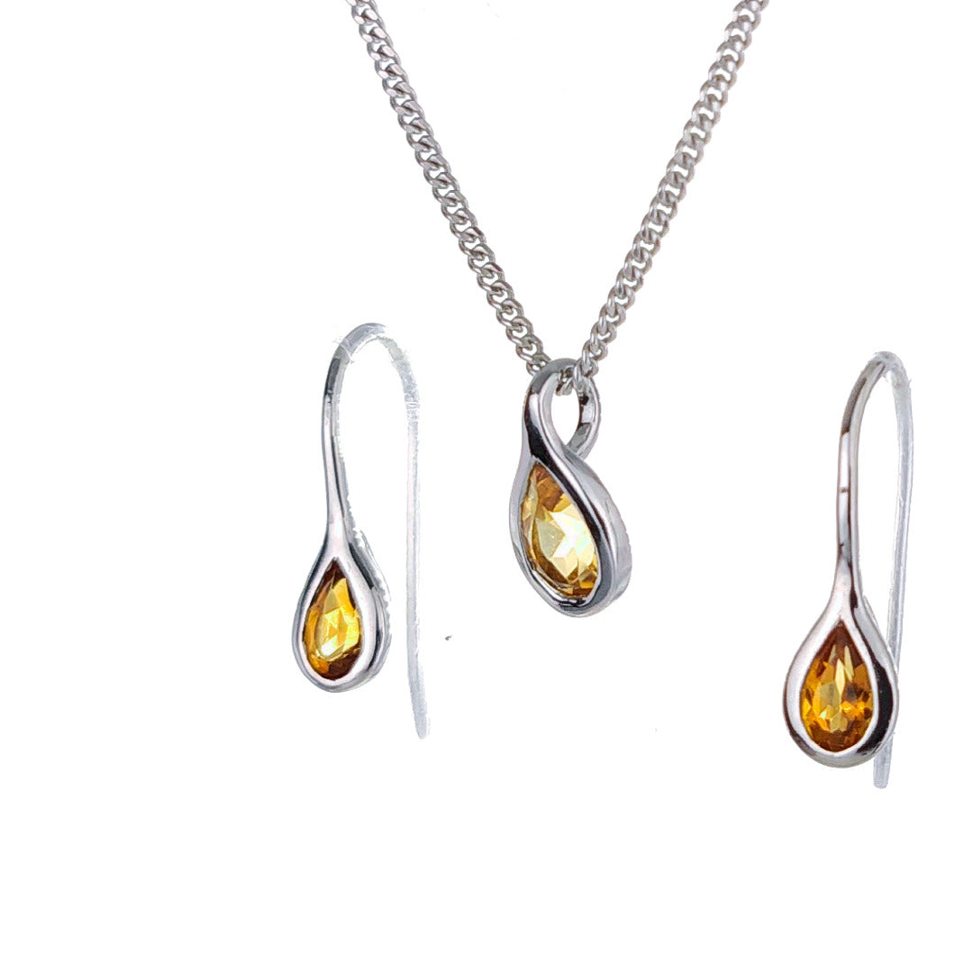 Citrine Necklace Earring Set 0.75ct Pear Yellow Pendant Sterling Silver