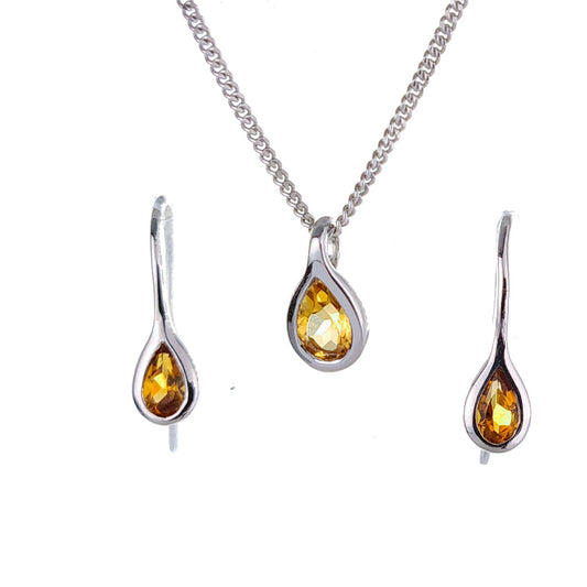 Citrine Necklace Earring Set 0.75ct Pear Yellow Pendant Sterling Silver