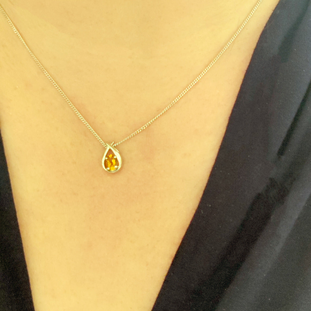 Citrine Necklace 0.45ct Pear Yellow Twist Pendant Silver November Birthstone