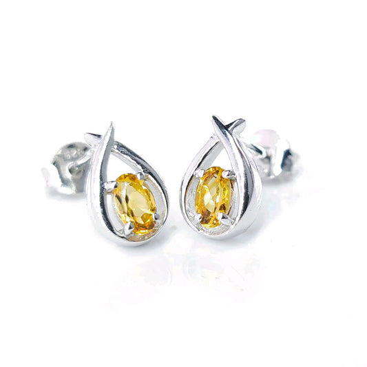 Citrine Earrings 0.46ct Pear Yellow Twist Studs Silver November Birthstone