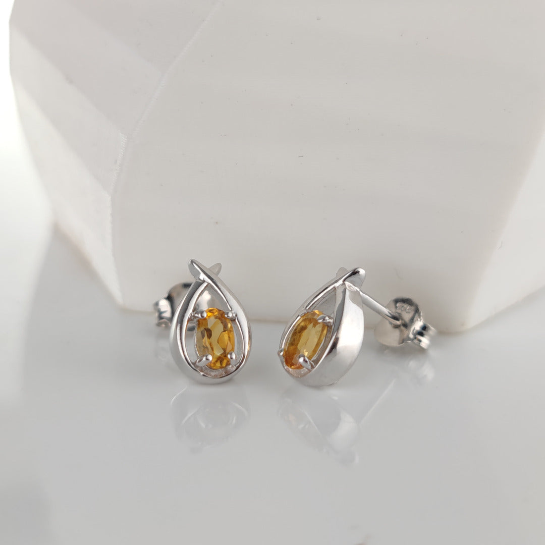 Citrine Earrings 0.46ct Pear Yellow Twist Studs Silver November Birthstone