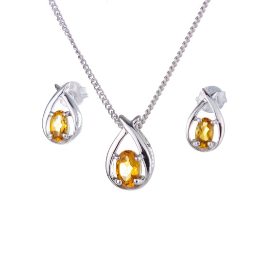 Citrine Necklace Earring Set 0.91ct Pear Yellow Twist Silver November Birthstone