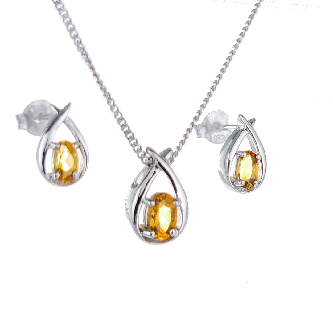 Citrine Necklace Earring Set 0.91ct Pear Yellow Twist Silver November Birthstone