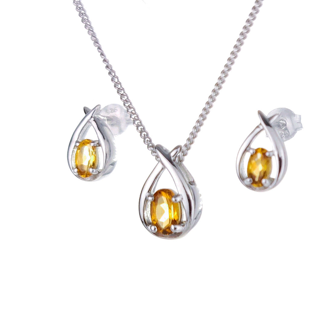 Citrine Necklace Earring Set 0.91ct Pear Yellow Twist Silver November Birthstone