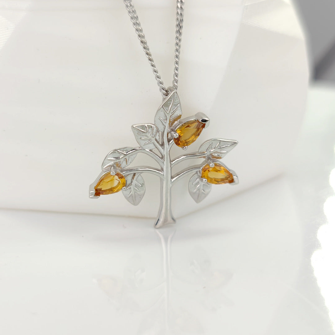 Citrine Necklace 0.6ct Yellow Tree of Life Pendant Silver November Birthstone