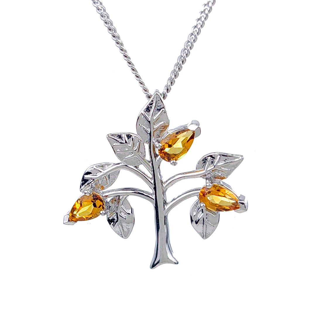 Citrine Necklace 0.6ct Yellow Tree of Life Pendant Silver November Birthstone