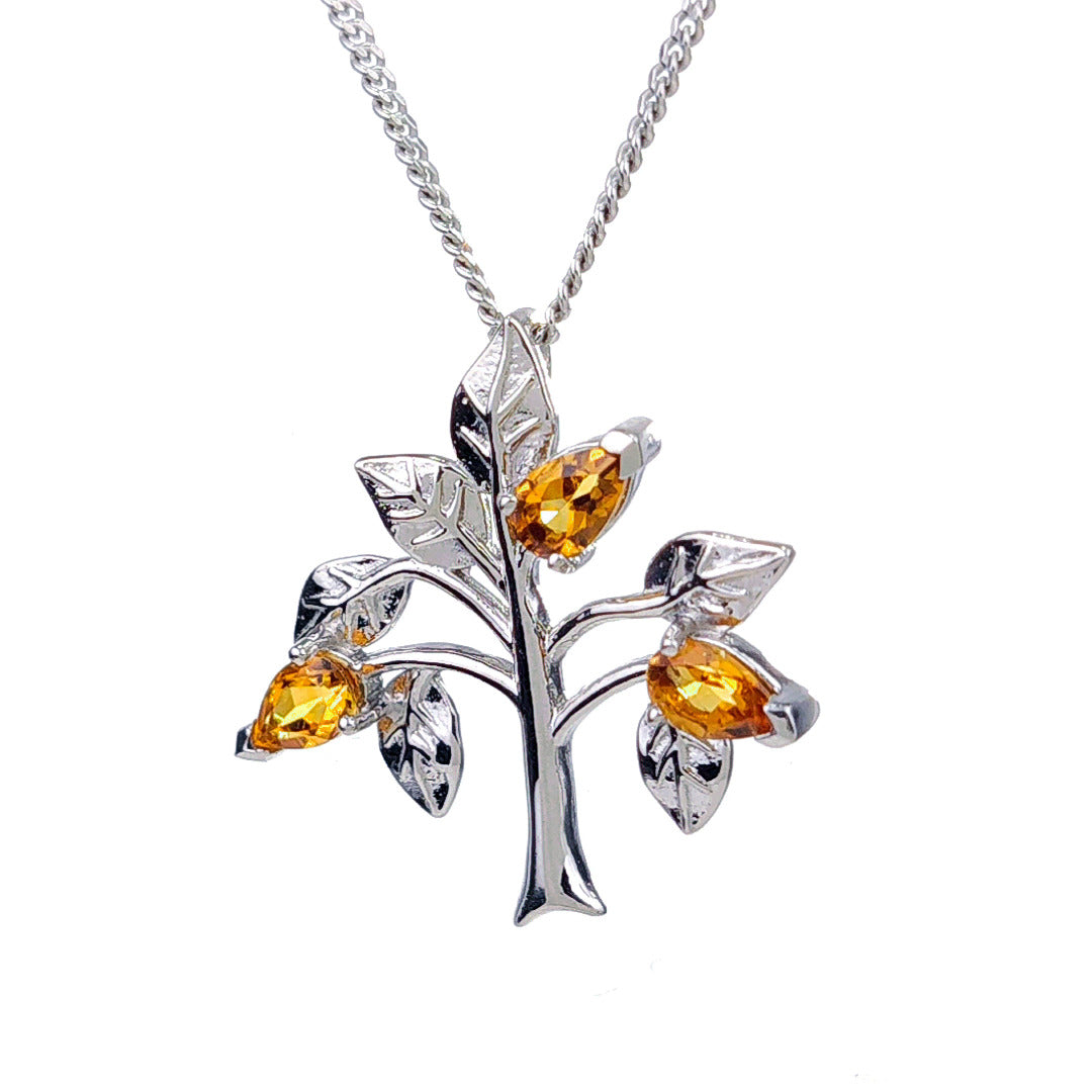 Citrine Necklace 0.6ct Yellow Tree of Life Pendant Silver November Birthstone