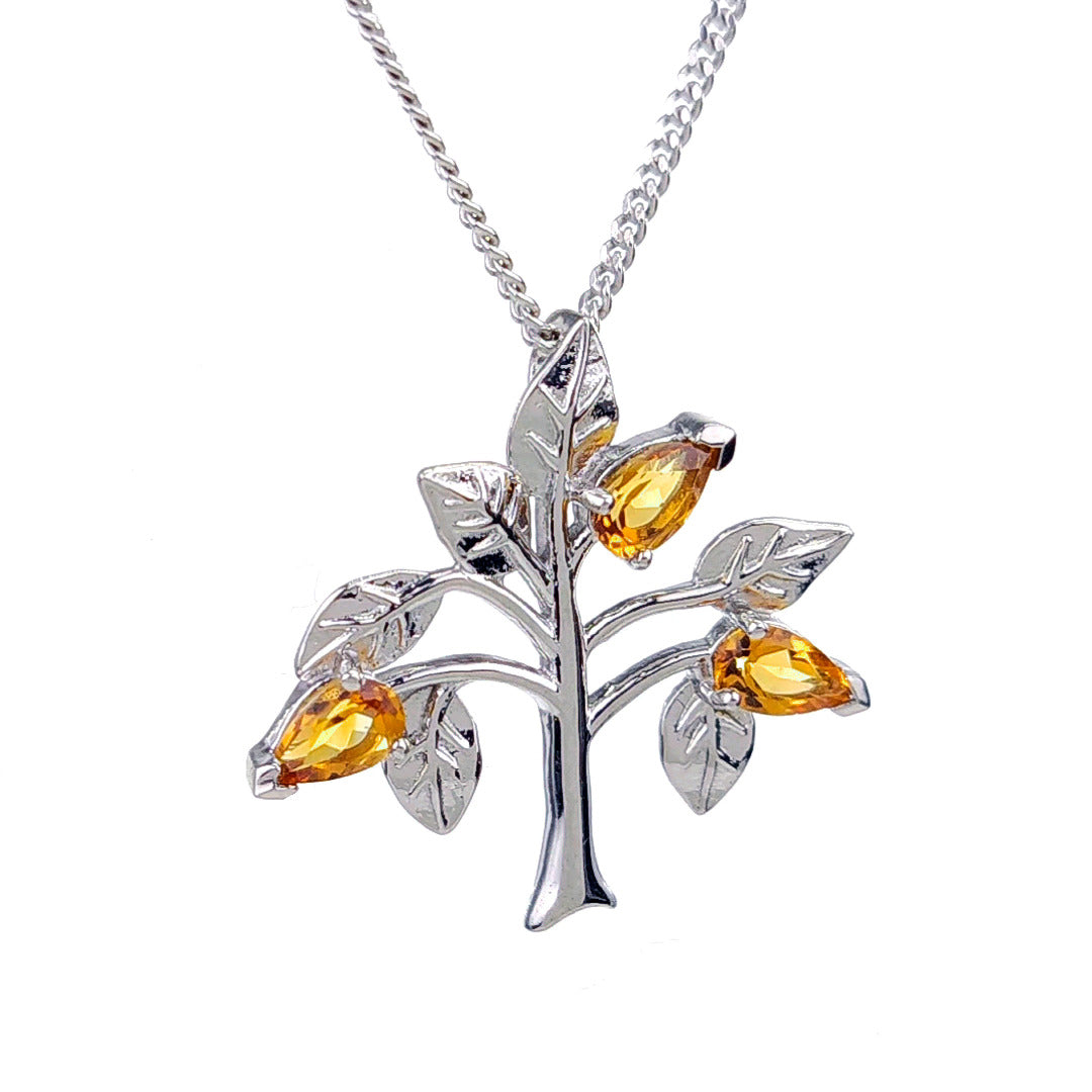 Citrine Necklace 0.6ct Yellow Tree of Life Pendant Silver November Birthstone