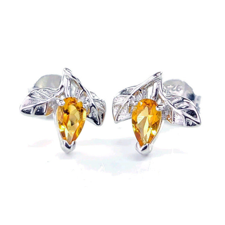 Citrine Earrings 0.4ct Yellow Tree of Life Studs Silver November Birthstone