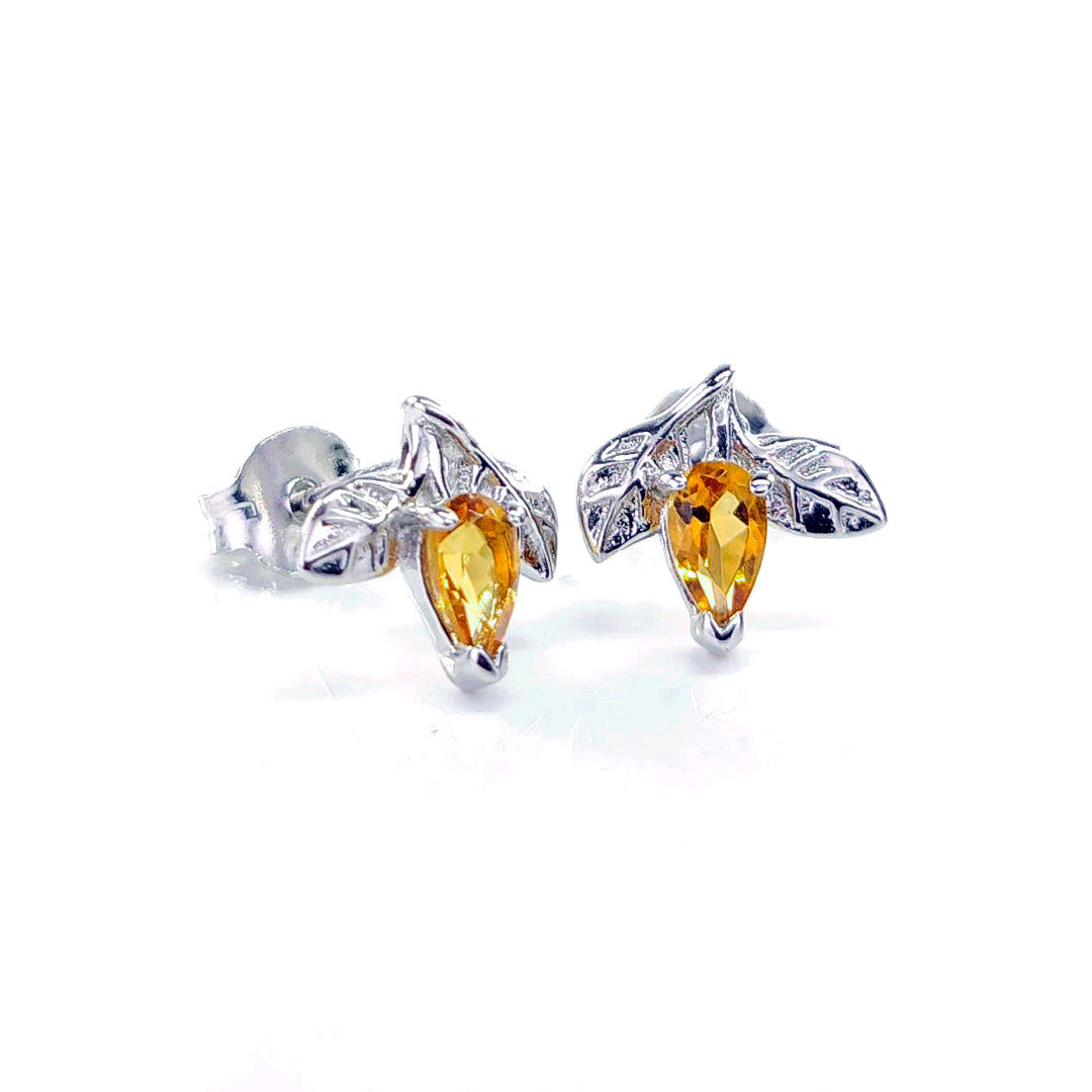 Citrine Earrings 0.4ct Yellow Tree of Life Studs Silver November Birthstone