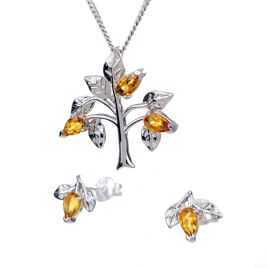 Citrine Necklace Earring Set 1ct Yellow Tree of Life Silver November Birthstone