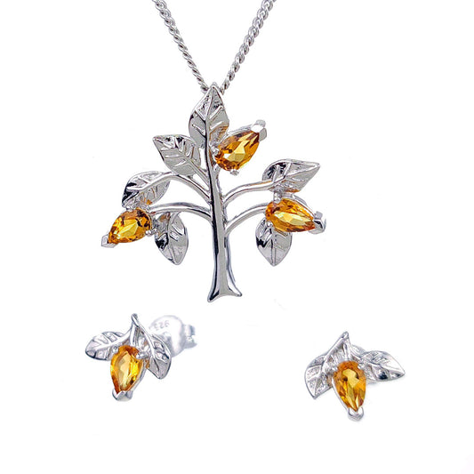 Citrine Necklace Earring Set 1ct Yellow Tree of Life Silver November Birthstone