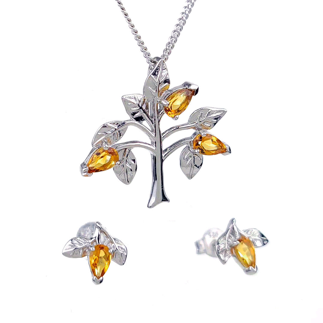 Citrine Necklace Earring Set 1ct Yellow Tree of Life Silver November Birthstone