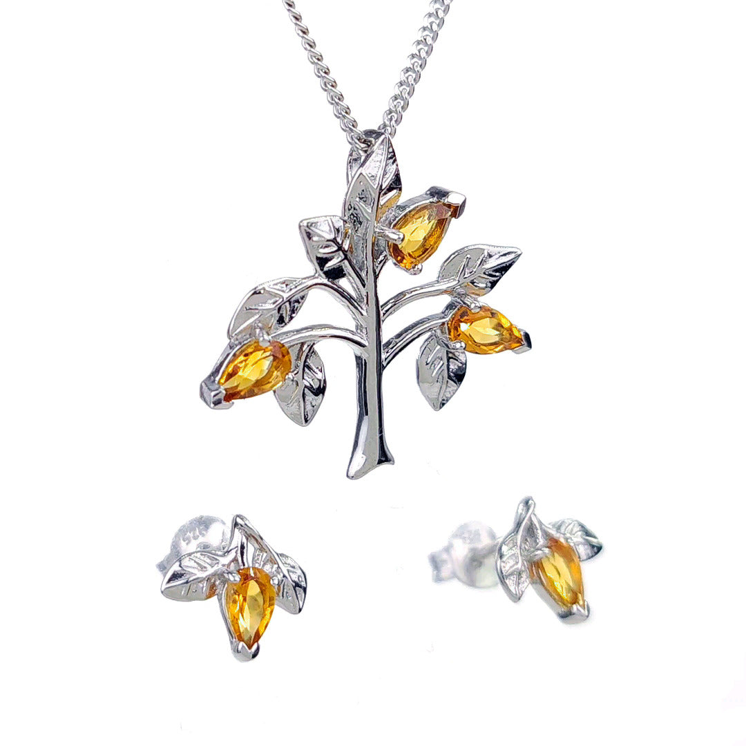 Citrine Necklace Earring Set 1ct Yellow Tree of Life Silver November Birthstone