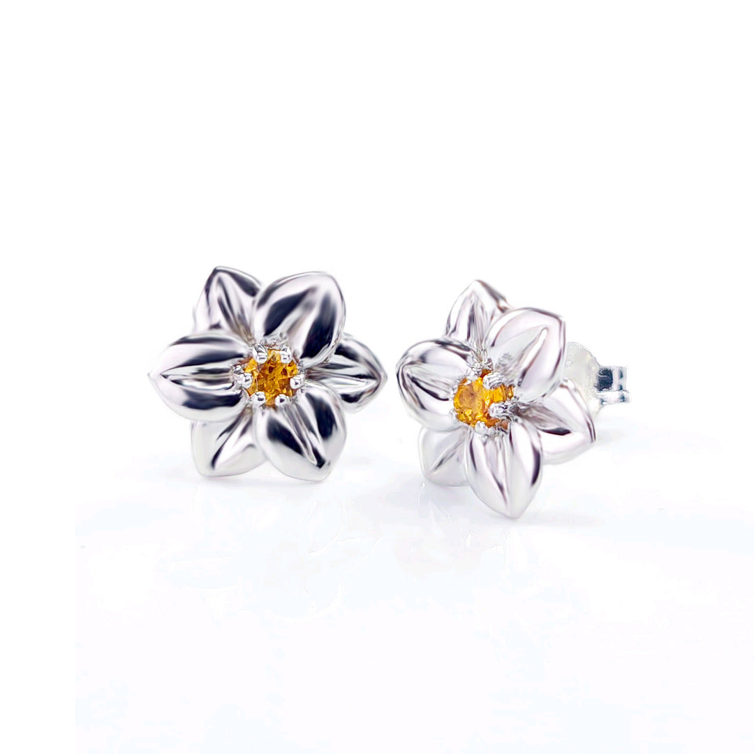 Citrine Earrings 0.14ct Yellow Daffodil Studs Silver November Birthstone