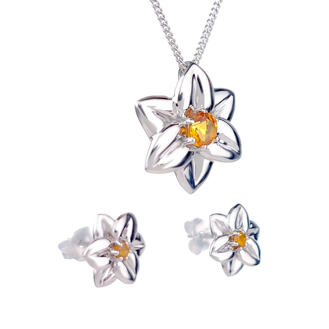 Citrine Necklace Earring Set 0.54ct Yellow Daffodil Silver November Birthstone