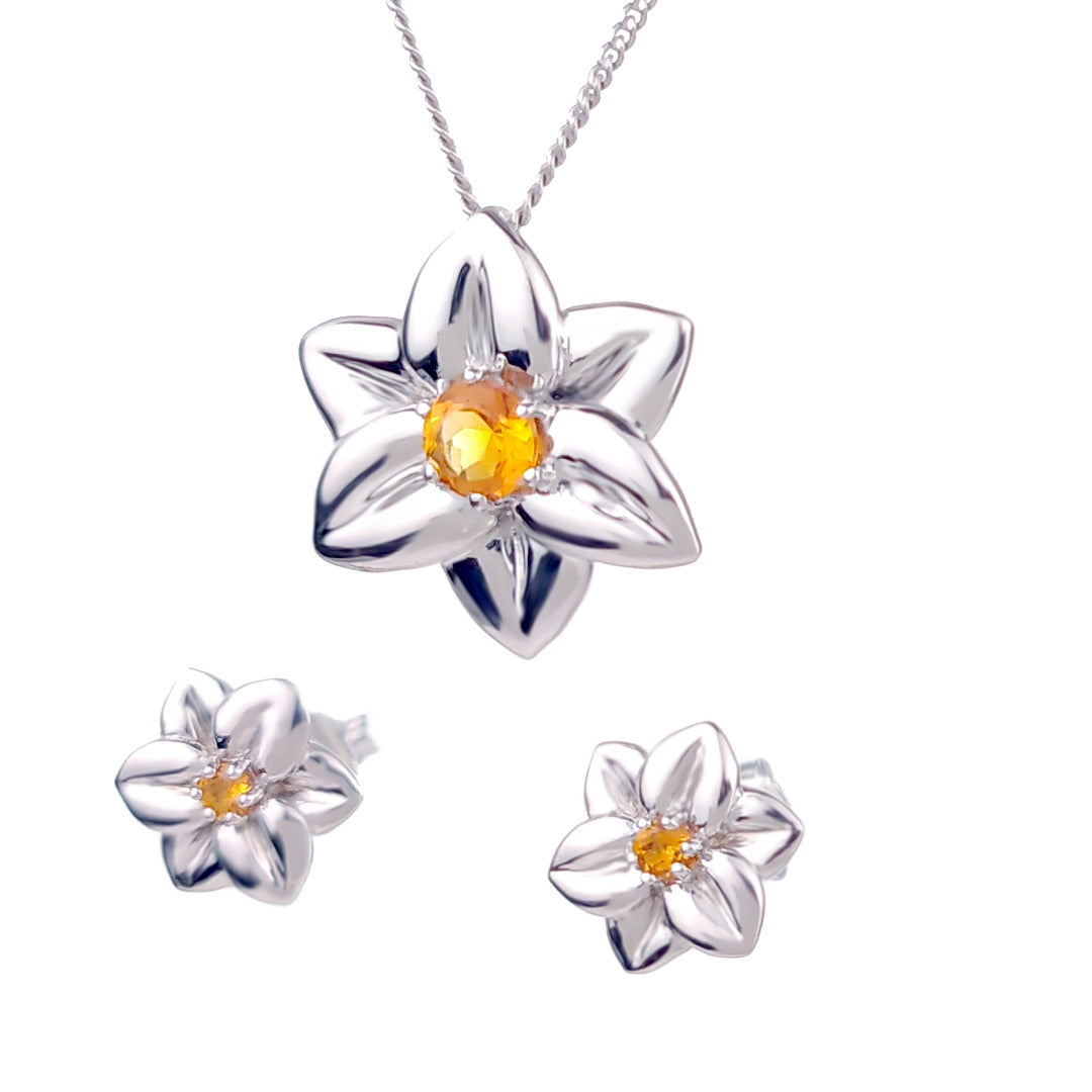 Citrine Necklace Earring Set 0.54ct Yellow Daffodil Silver November Birthstone