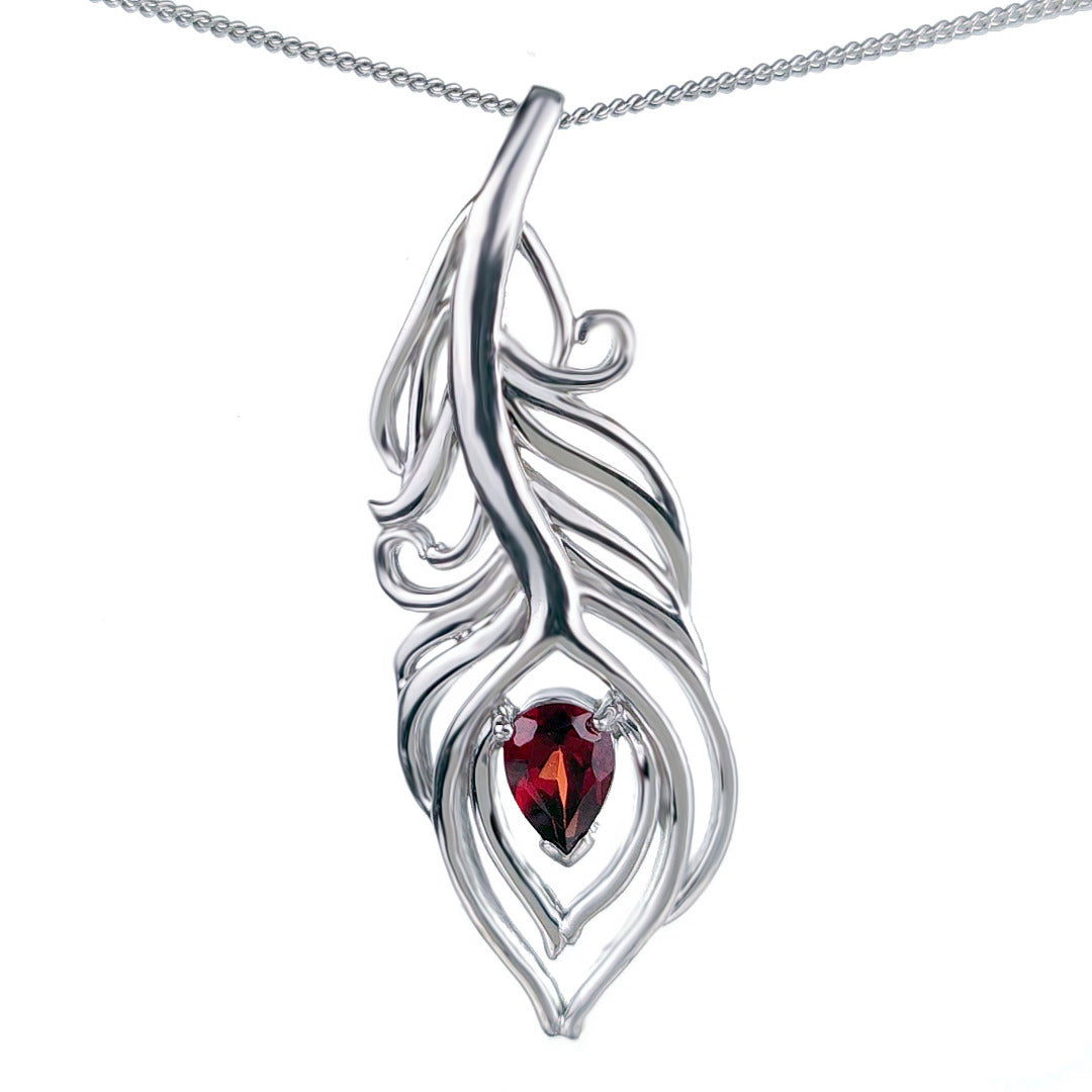 Garnet Necklace 1ct Peacock Red Pendant Silver January Birthstone