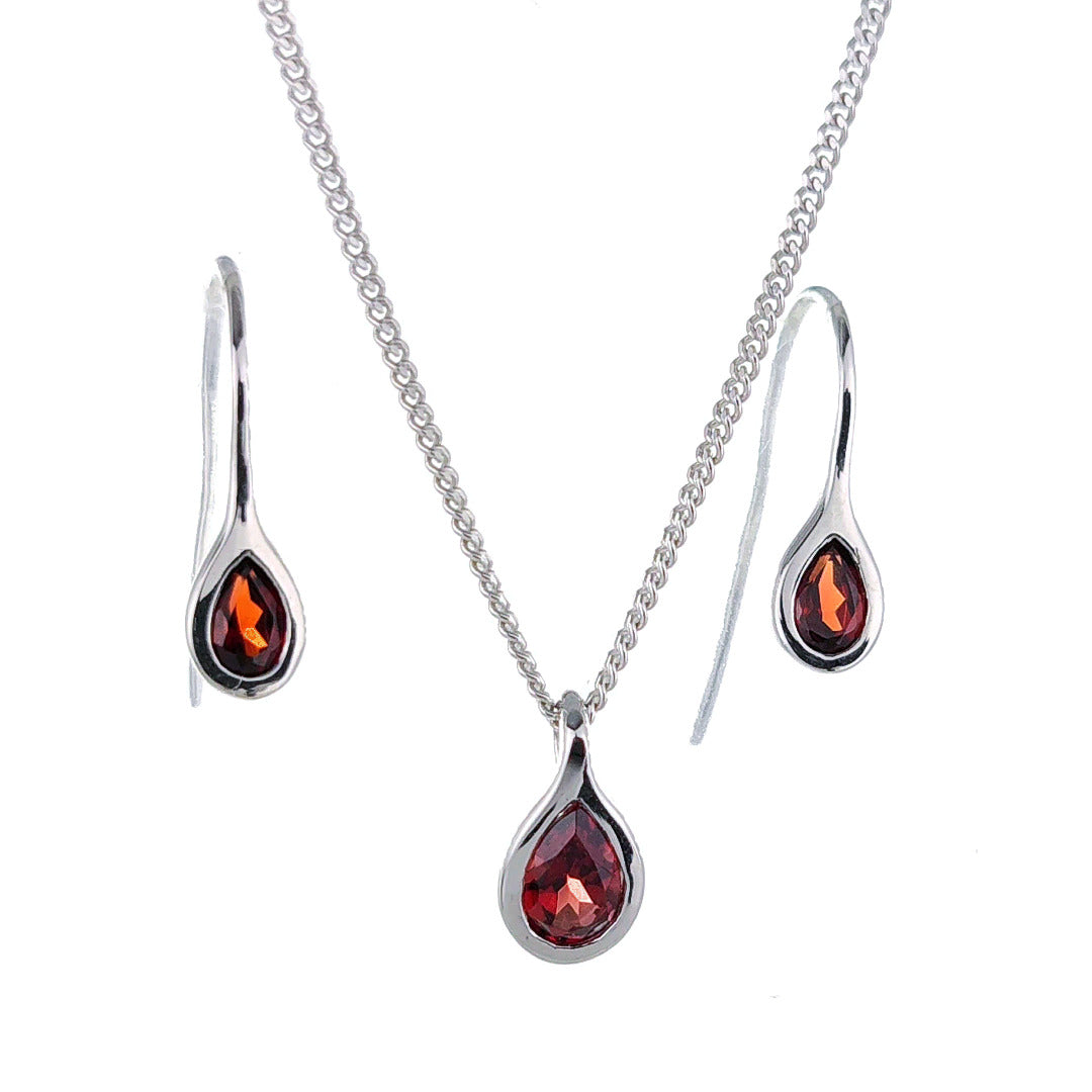 Garnet Necklace Earring Set 0.9ct PearRed Pendant Sterling Silver January Birthstone