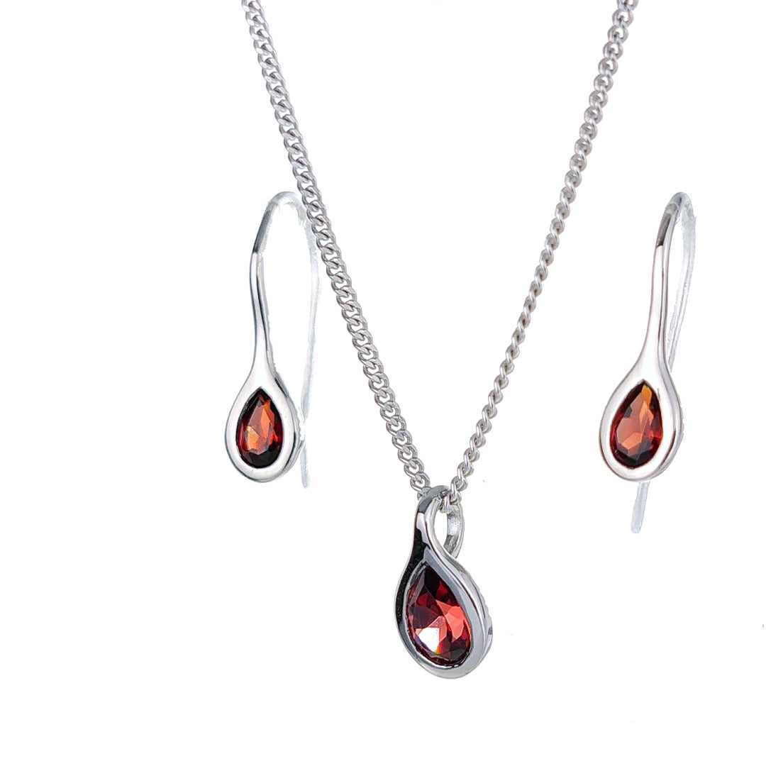 Garnet Necklace Earring Set 0.9ct PearRed Pendant Sterling Silver January  Birthstone