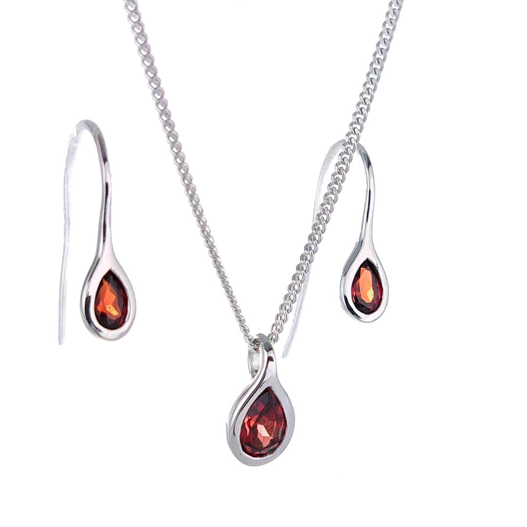 Garnet Necklace Earring Set 0.9ct PearRed Pendant Sterling Silver