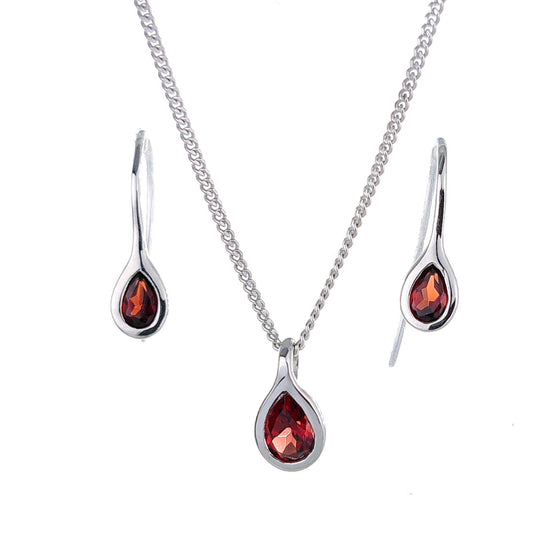 Garnet Necklace Earring Set 0.9ct PearRed Pendant Sterling Silver January Birthstone