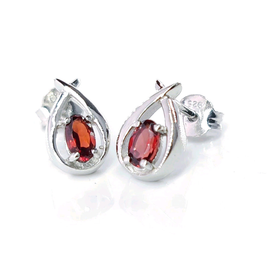 Garnet Earrings 0.5ct Pear Red Twist Studs Silver January Birthstone