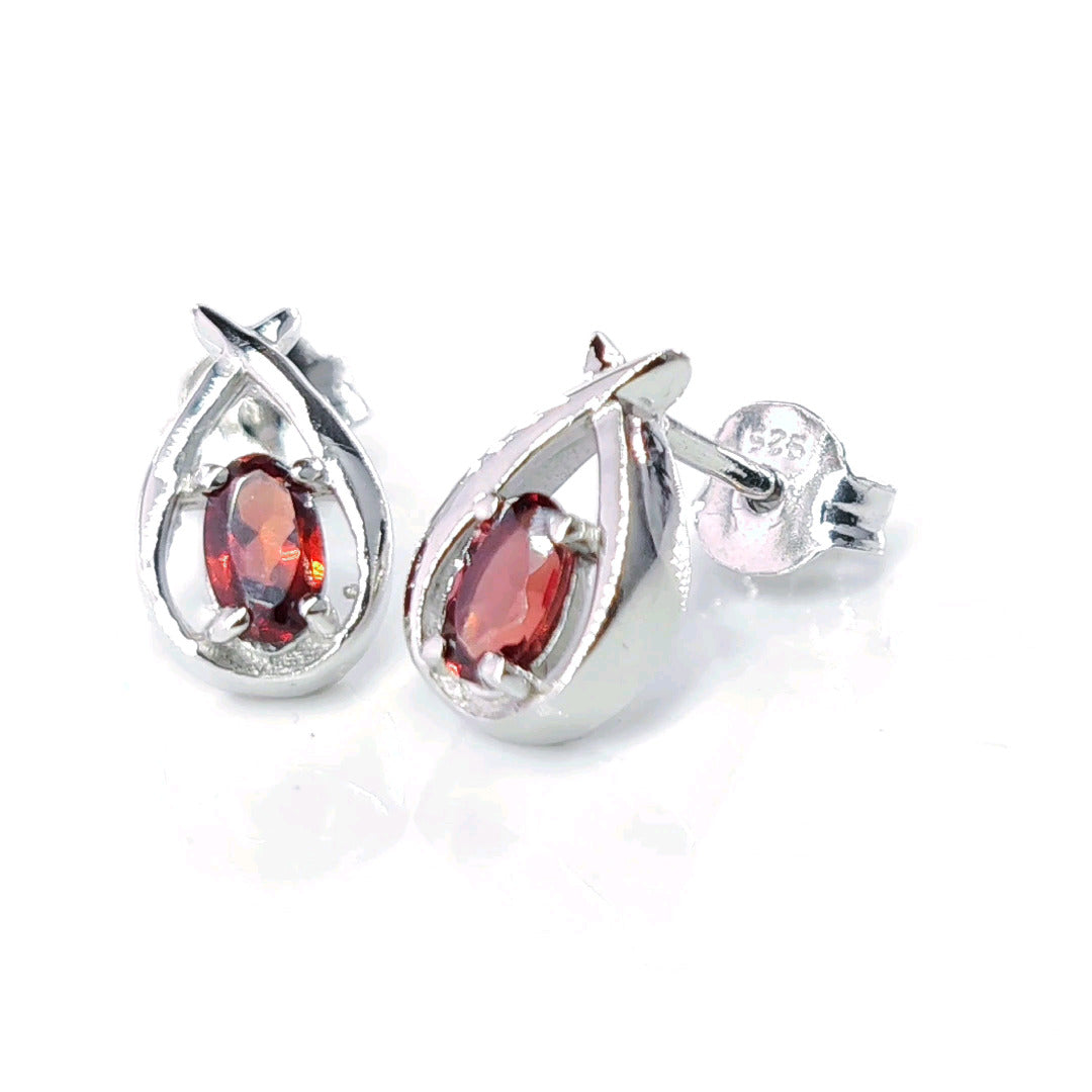 Garnet Earrings 0.5ct Pear Red Twist Studs Silver January Birthstone