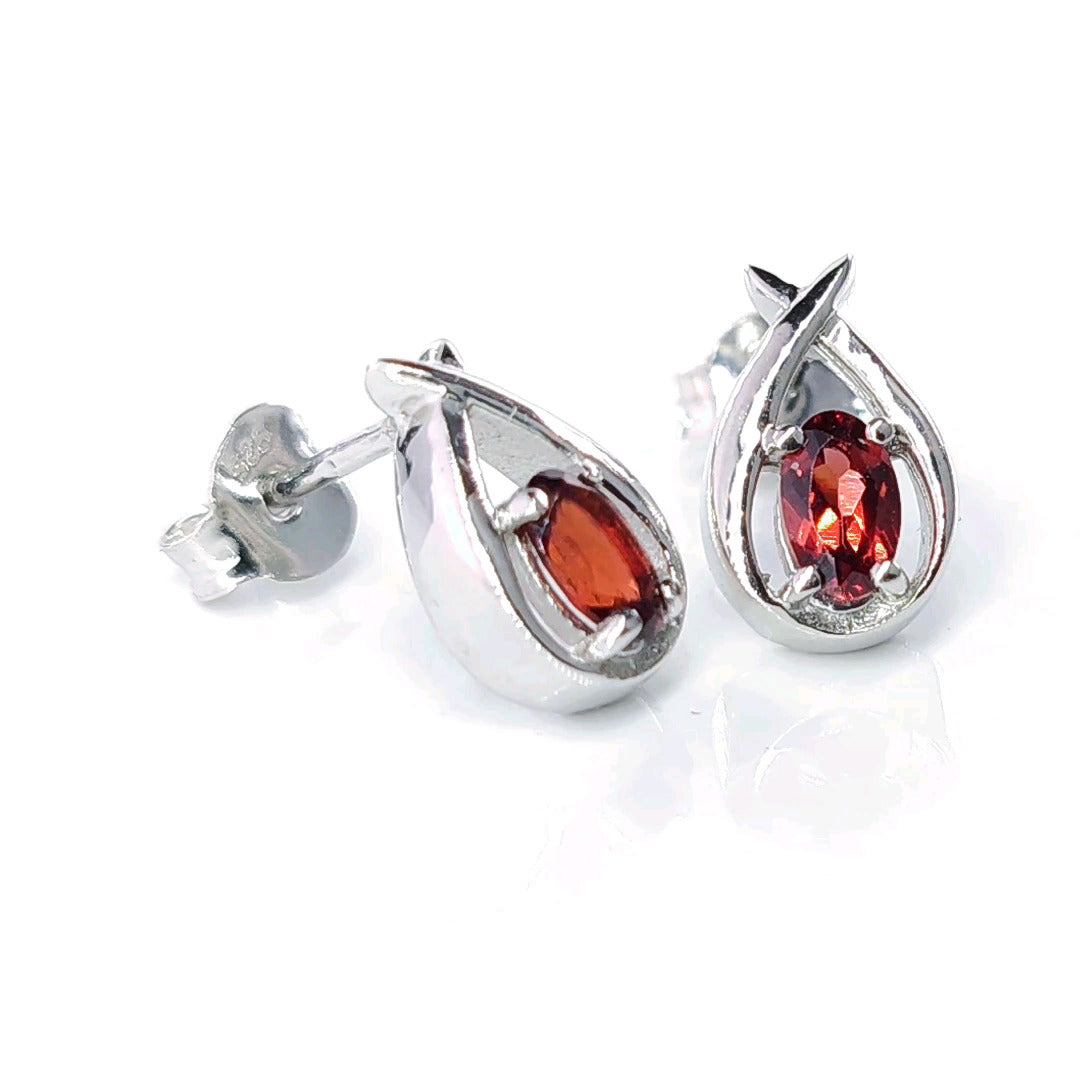 Garnet Earrings 0.5ct Pear Red Twist Studs Silver January Birthstone