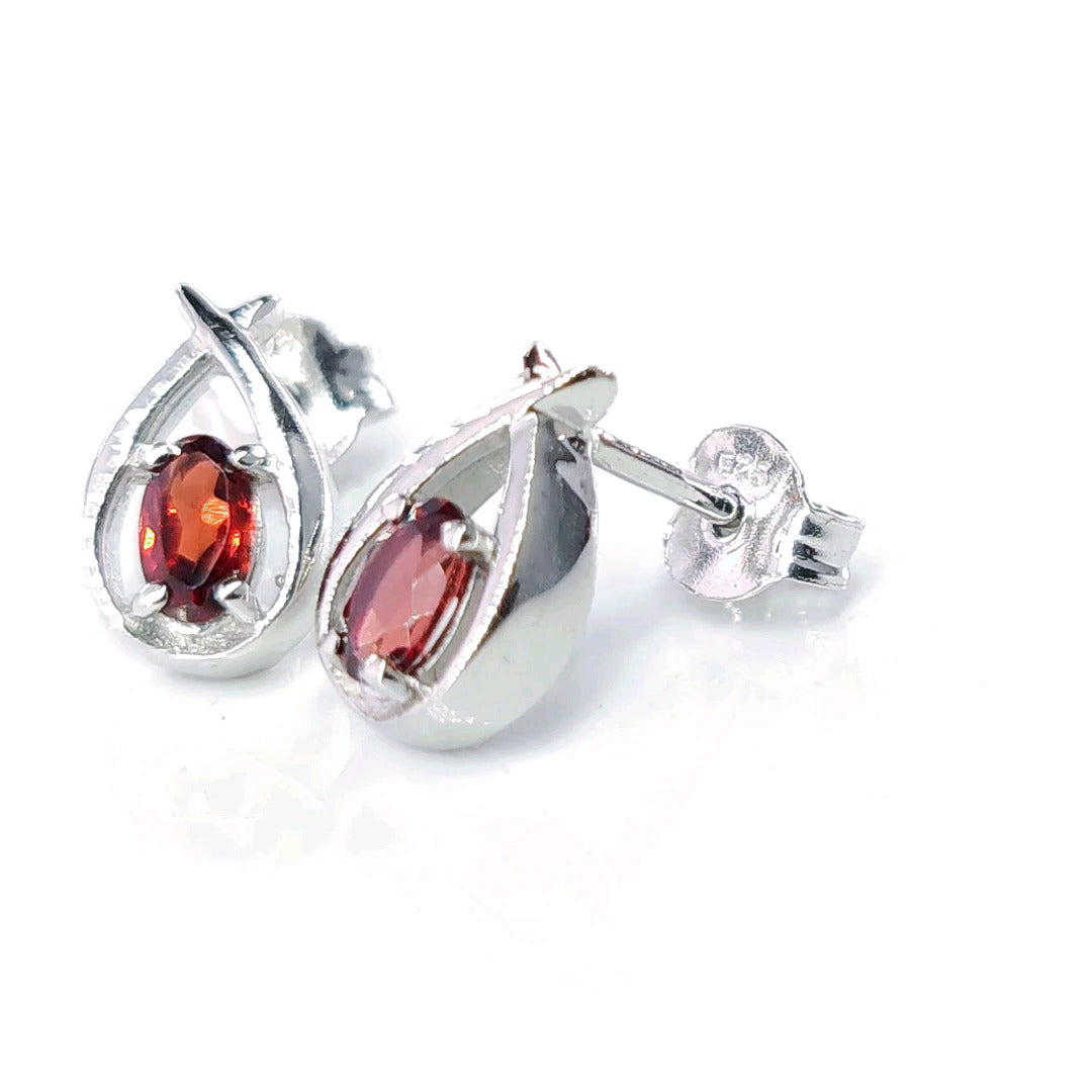 Garnet Earrings 0.5ct Pear Red Twist Studs Silver January Birthstone