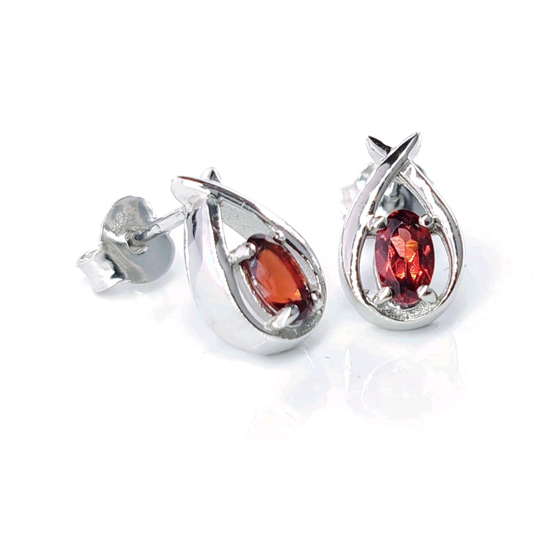 Garnet Earrings 0.5ct Pear Red Twist Studs Silver January Birthstone