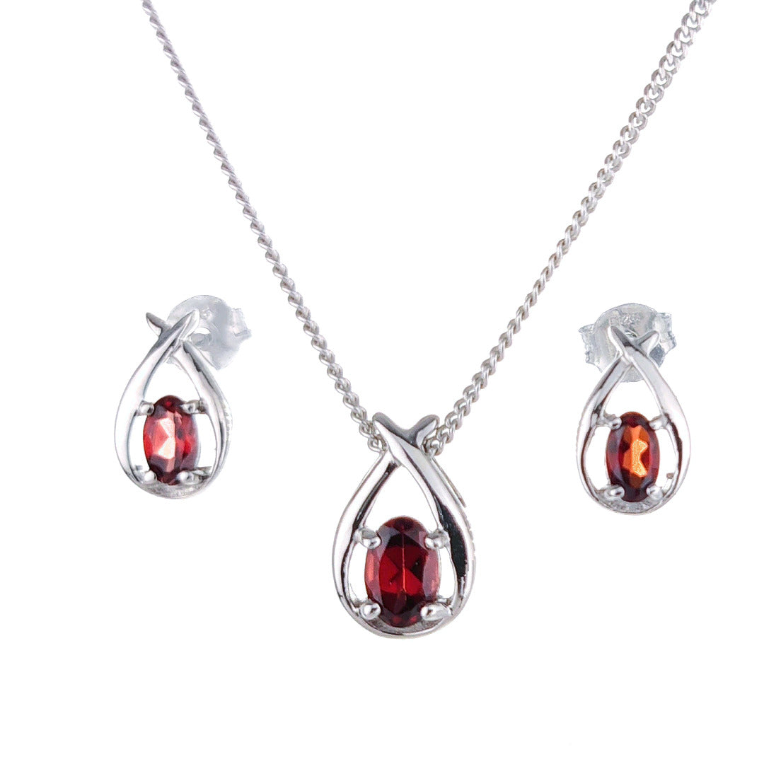 Garnet Necklace Earring Set 0.91ct Pear Red Twist Sterling Silver January Birthstone